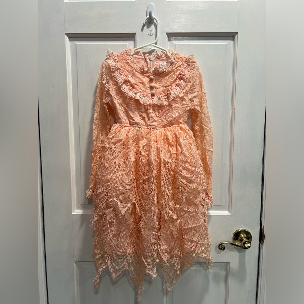 TRISH SCULLY Pink Lace Long Sleeved Lined Special Fancy Dress SIZE 7 Pre Loved